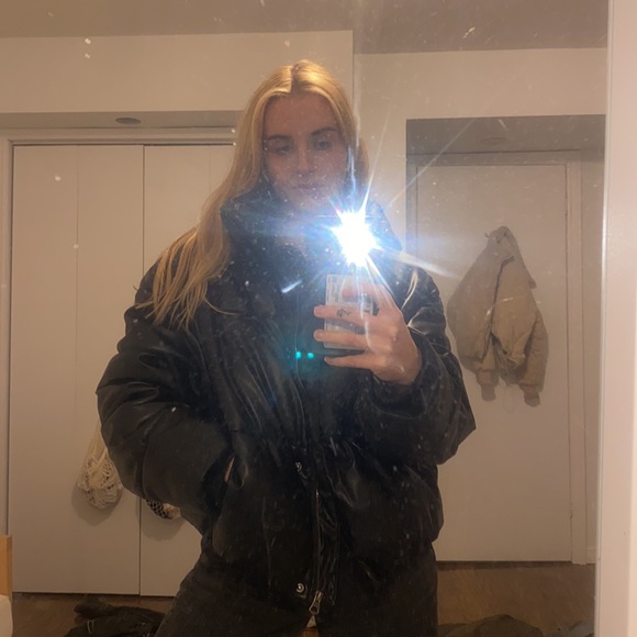 Black leather puffer jacket - Picture 2 of 3